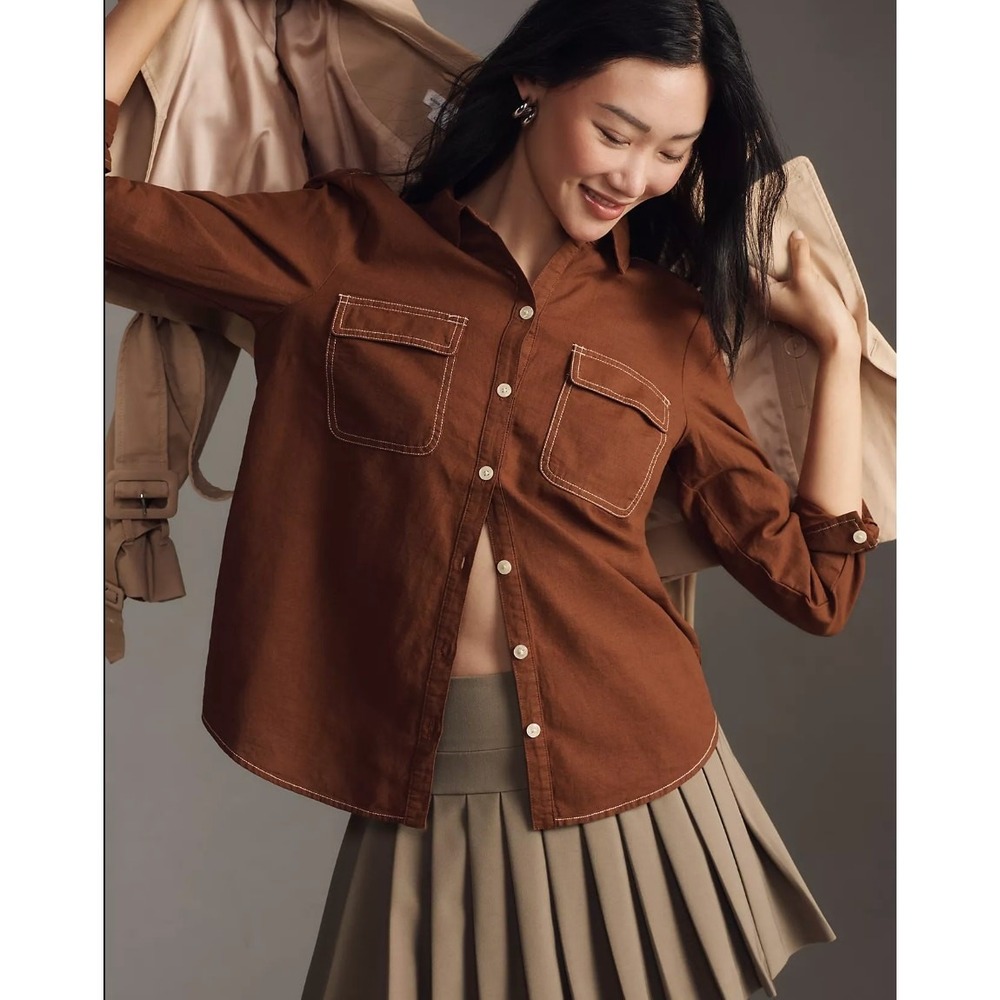 Maeve Contrast Stitch Linen Blend Button Down Shirt XL Brown Coastal Lagenlook